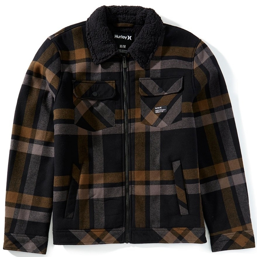 Hurley Men’s Flannel Trucker Jacket – Sherpa Lined Fleece Plaid Collared Shirt
